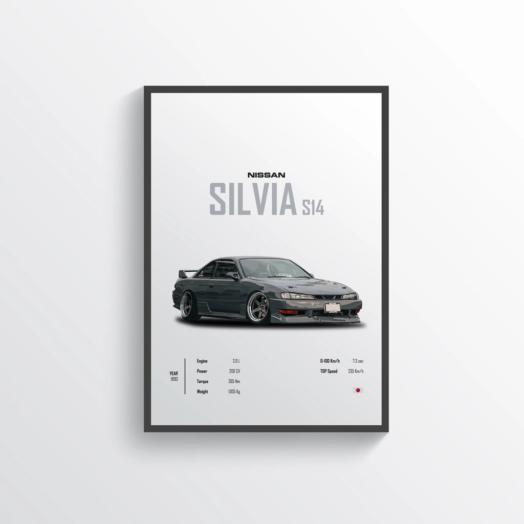 Framed poster of a Nissan Silvia S14 on a white background
