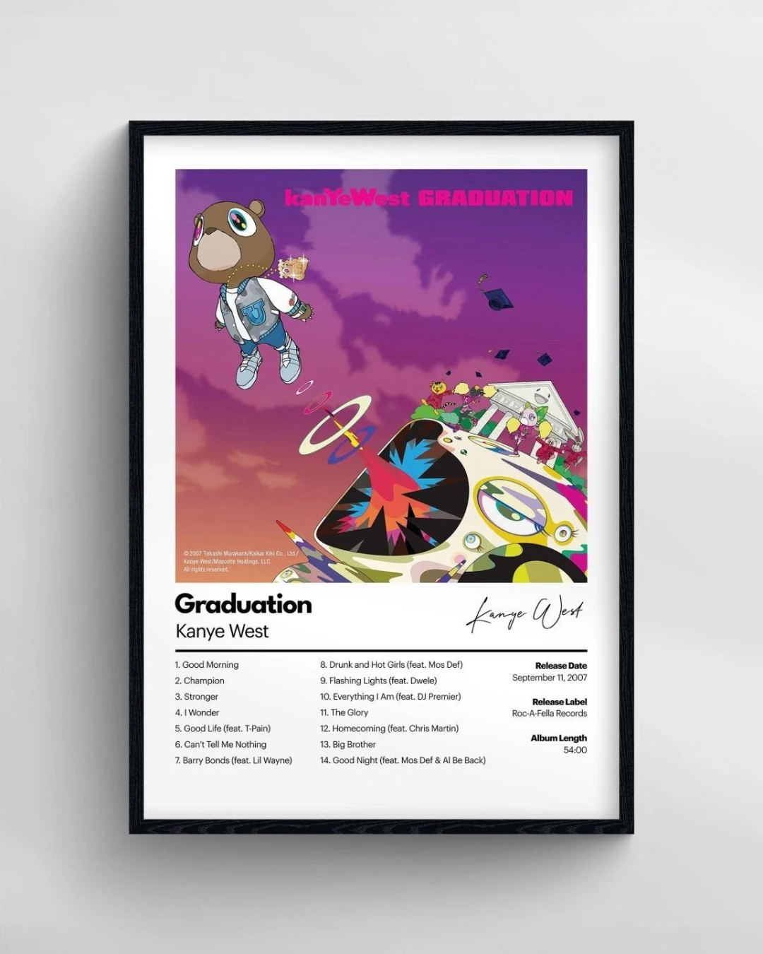 Framed poster of Kanye West's 'Graduation' album cover with colorful design and bear character.