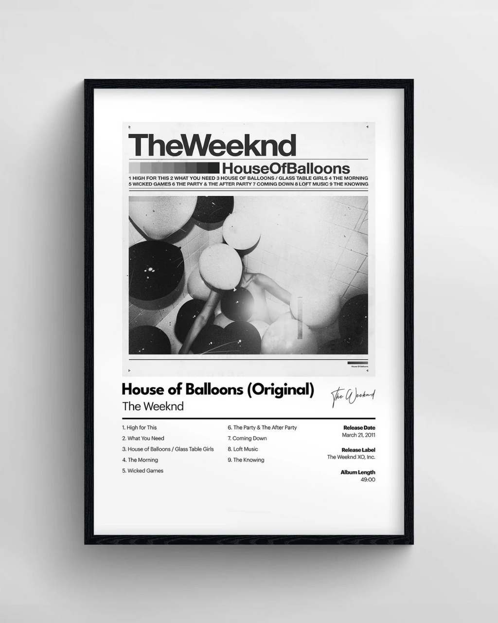 Framed album cover of 'House of Balloons' by The Weeknd on a white background