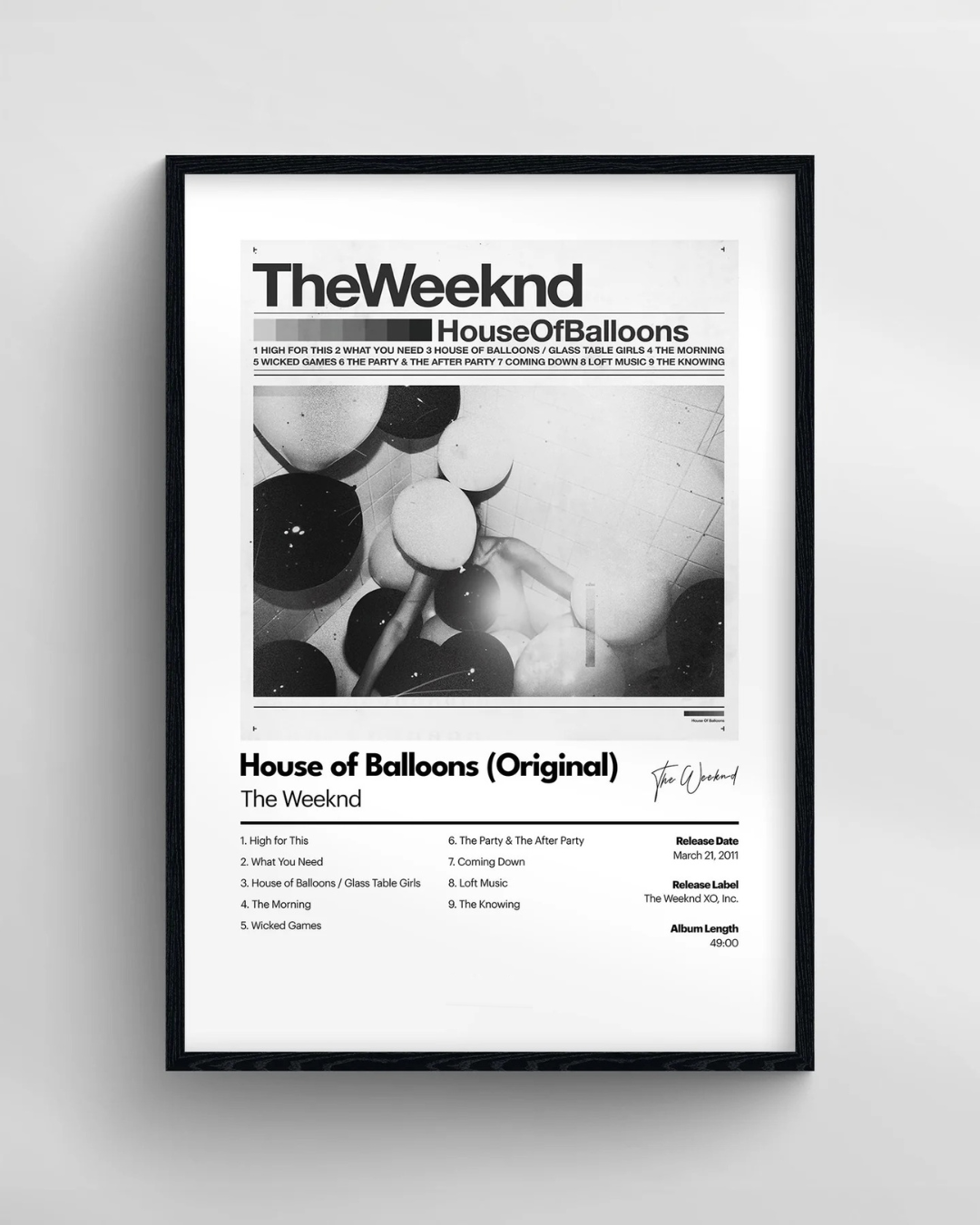 Framed album cover of 'House of Balloons' by The Weeknd on a white background