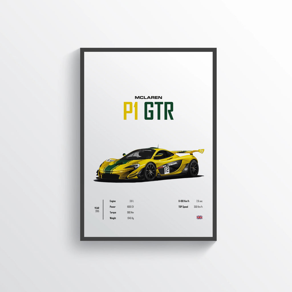 Framed poster of a McLaren P1 GTR car on a white background