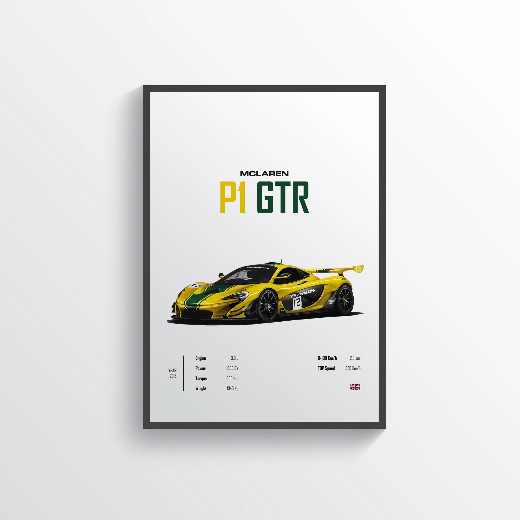 Framed poster of a McLaren P1 GTR car on a white background